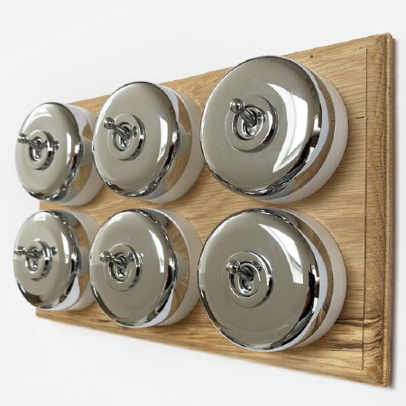 Round Dolly Light Switch on Oak Base 6 Gang Polished Chrome