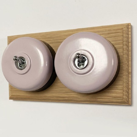 Round Dolly Light Switch 2 Gang Lilac on Oak Pattress with Black Mounts