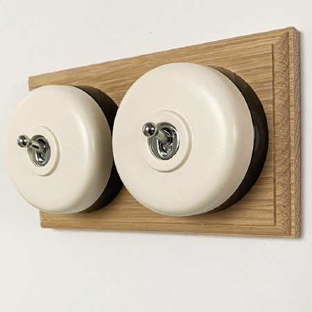 Round Dolly Light Switch 2 Gang White on Oak Pattress with Black Mounts ...