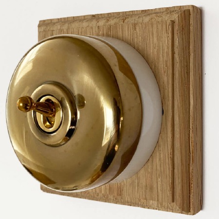 Round Dolly Light Switch 1 Gang Renovated Brass White Base