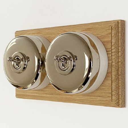 Round Dolly Light Switch on Wooden Base Polished Nickel 2 Gang