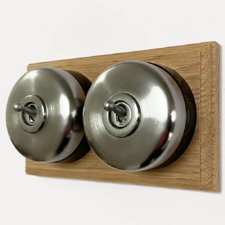 Round Dolly Light Switch on Oak Base Satin Chrome 2 Gang