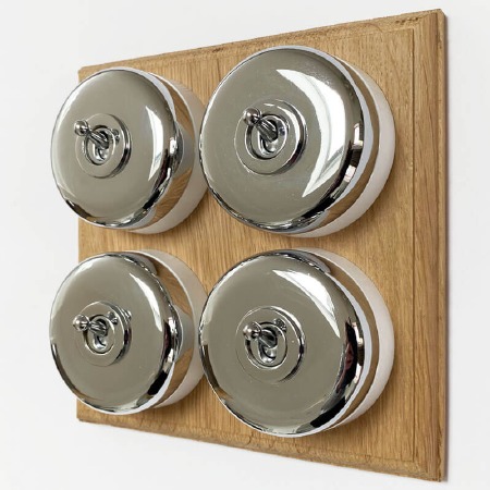 Round Dolly Light Switch 4 Gang on Oak Base Chrome White