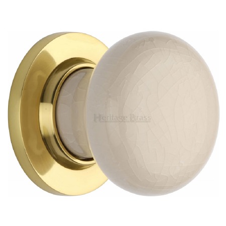 Heritage Porcelain Door Knobs Cream Crackle with Polished Brass Rose