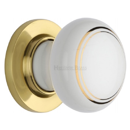 Heritage Porcelain Door Knobs White & Gold Line with Polished Brass Rose