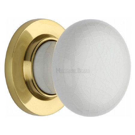 Heritage Porcelain Door Knobs White Crackle with Polished Brass Rose