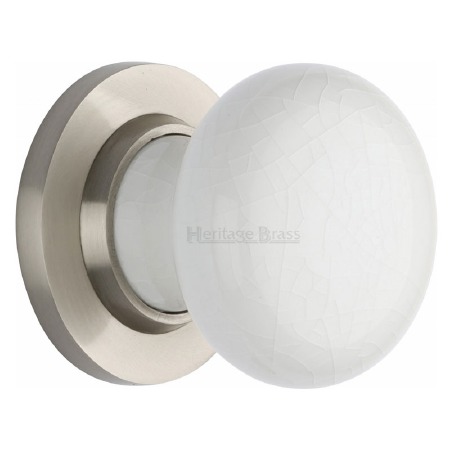 Heritage Porcelain Door Knobs White Crackle with Satin Nickel Rose
