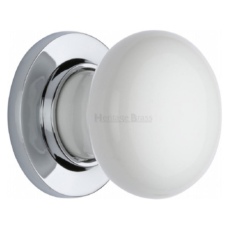 Heritage Porcelain Door Knobs White with Polished Chrome Rose