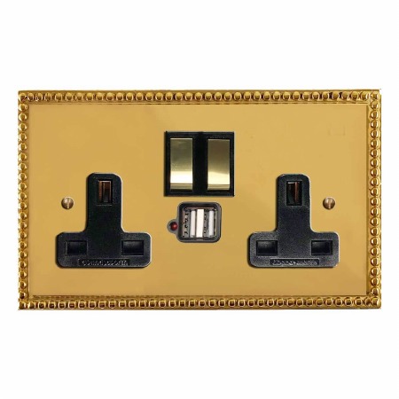 Regency Switched Socket 2 Gang USB Polished Brass Unlacquered