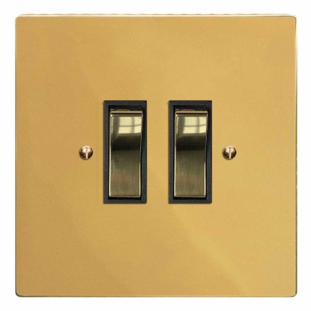 Victorian Rocker Light Switch 2 Gang Polished Brass Lacquered & Black Trim