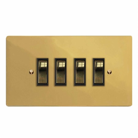 Victorian Rocker Light Switch 4 Gang Polished Brass Lacquered & Black Trim