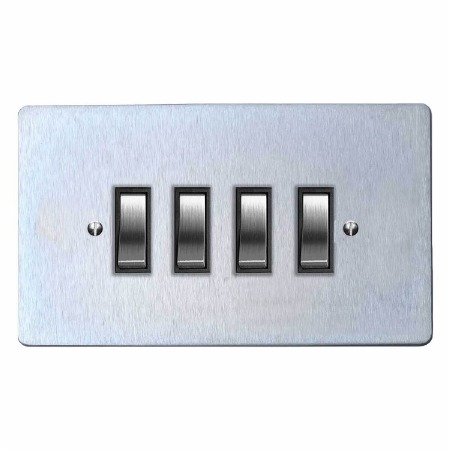 Victorian Rocker Light Switch 4 Gang Satin Chrome & Black Trim