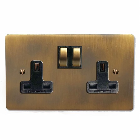 Victorian Switched Socket 2 Gang Antique Brass Lacquered