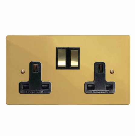 Victorian Switched Socket 2 Gang Polished Brass Lacquered & Black Trim