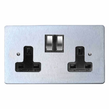 Victorian Switched Socket 2 Gang Satin Chrome & Black Trim