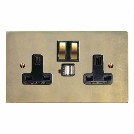 Victorian Switched Socket 2 Gang USB Antique Satin Brass
