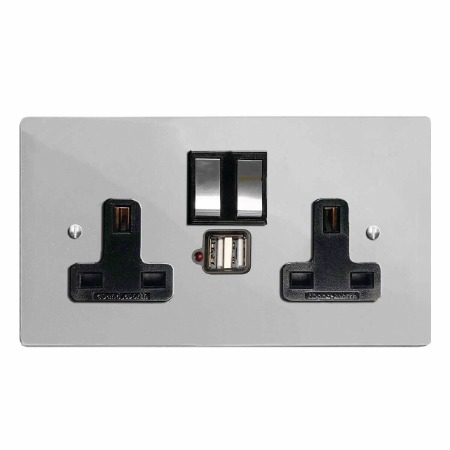 Victorian Switched Socket 2 Gang USB Polished Chrome & Black Trim