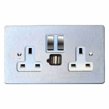 Victorian Switched Socket 2 Gang USB Satin Chrome & White Trim