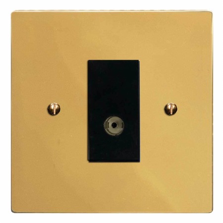 Victorian TV Socket Outlet Polished Brass Lacquered & Black Trim