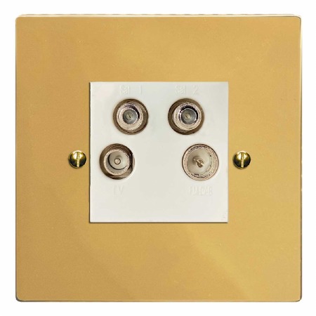 Victorian Quadplex TV Socket Polished Brass Lacquered & White Trim