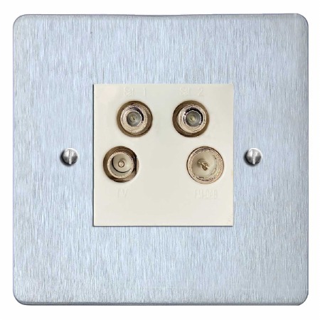 Victorian Quadplex TV Socket Satin Chrome & White Trim