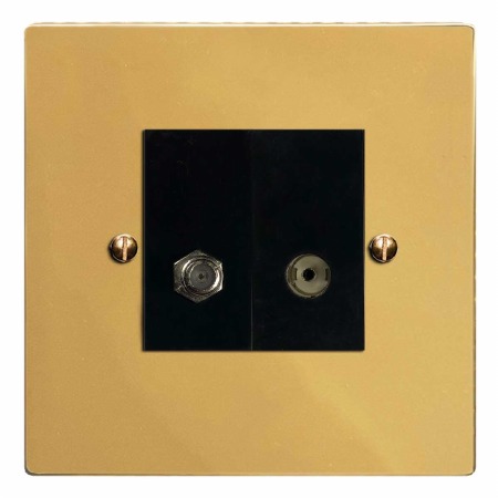Victorian Satellite & TV Socket Outlet Polished Brass Lacquered & Black Trim
