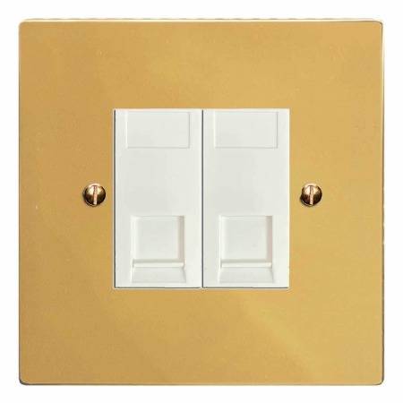 Victorian RJ45 Socket 2 Gang CAT 5 Polished Brass Lacquered & White Trim