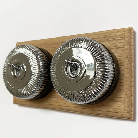 Reeded Round Dolly Light Switch on Oak Base Polished Chrome 2 Gang
