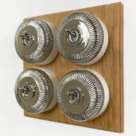 Reeded Round Dolly Light Switch 4 Gang on Oak Base Polished Chrome White