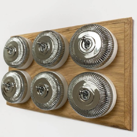 Reeded Round Dolly Light Switch on Oak Base Polished Chrome 6 Gang