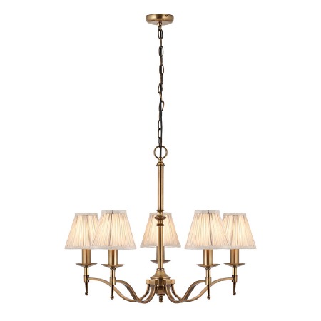 Stanford 5 Arm Chandelier Antique Brass Beige Shades