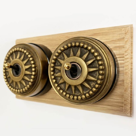 Star Round Dolly Light Switch on Wooden Base Antique Satin Brass 2 Gang
