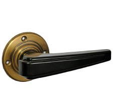 Bakelite Plaza Door Handles on Round Rose Antique Brass/Black