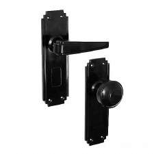 Bakelite Plaza Door Handle & Round Knob Set on Deco Latchplates Black Bakelite Plaza Door Handle & Round Knob Set on Deco Latchplates Black