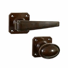 Bakelite Stepped Oval Door Knobs on Square Rose Walnut