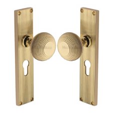 Heritage Beehive Door Knobs Reeded Euro Plate V9548 Polished Brass