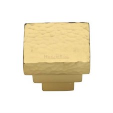 Heritage Square Hammered Cupboard Knob Polished Brass Lacquered