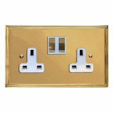 Edwardian Switched Socket 2 Gang Polished Brass Lacquered & White Trim