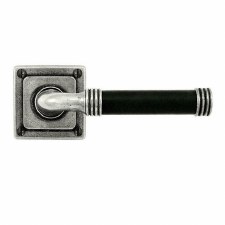 Finesse Jarrow Door Handles on Square Rose FD106B Pewter & Black Leather