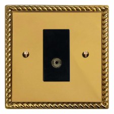 Georgian TV Socket Outlet Polished Brass Lacquered & Black Trim