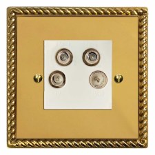 Georgian Quadplex TV Socket Polished Brass Lacquered & White Trim