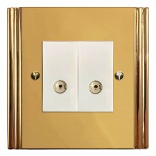 Plaza TV Socket Outlet 2 Gang Polished Brass Lacquered & White Trim