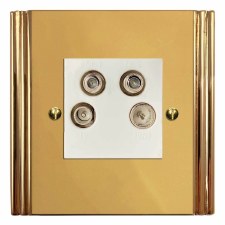 Plaza Quadplex TV Socket Polished Brass Lacquered & White Trim