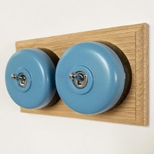 Round Dolly Light Switch 2 Gang Blue on Oak Pattress with Black Mounts