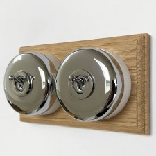 Round Dolly Light Switch on Wooden Base Polished Chrome 2 Gang