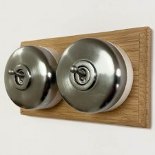 Round Dolly Light Switch on Oak Base Satin Chrome 2 Gang