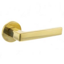 Portel Door Handle on Round Rose Polished Brass Unlacquered