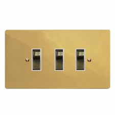 Victorian Rocker Light Switch 3 Gang Polished Brass Lacquered & White Trim