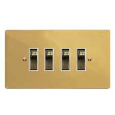 Victorian Rocker Light Switch 4 Gang Polished Brass Lacquered & White Trim