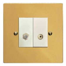 Victorian Satellite & TV Socket Outlet Polished Brass Lacquered & White Trim